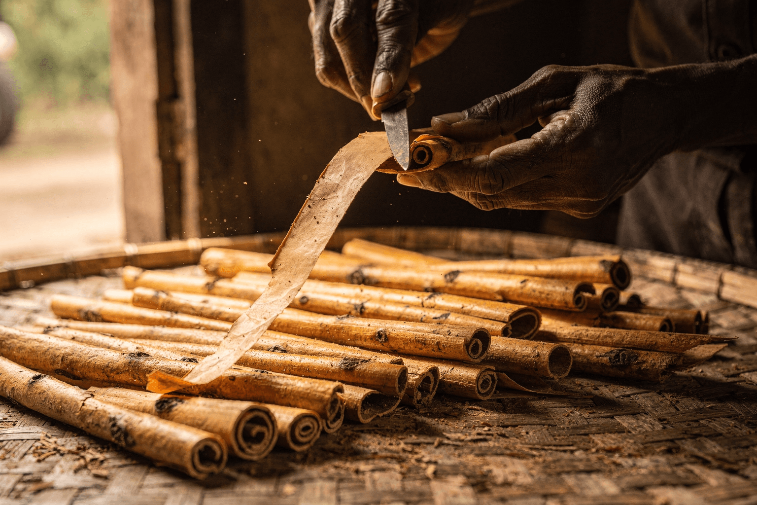 A master peeler hand-rolling Ceylon Cinnamon bark