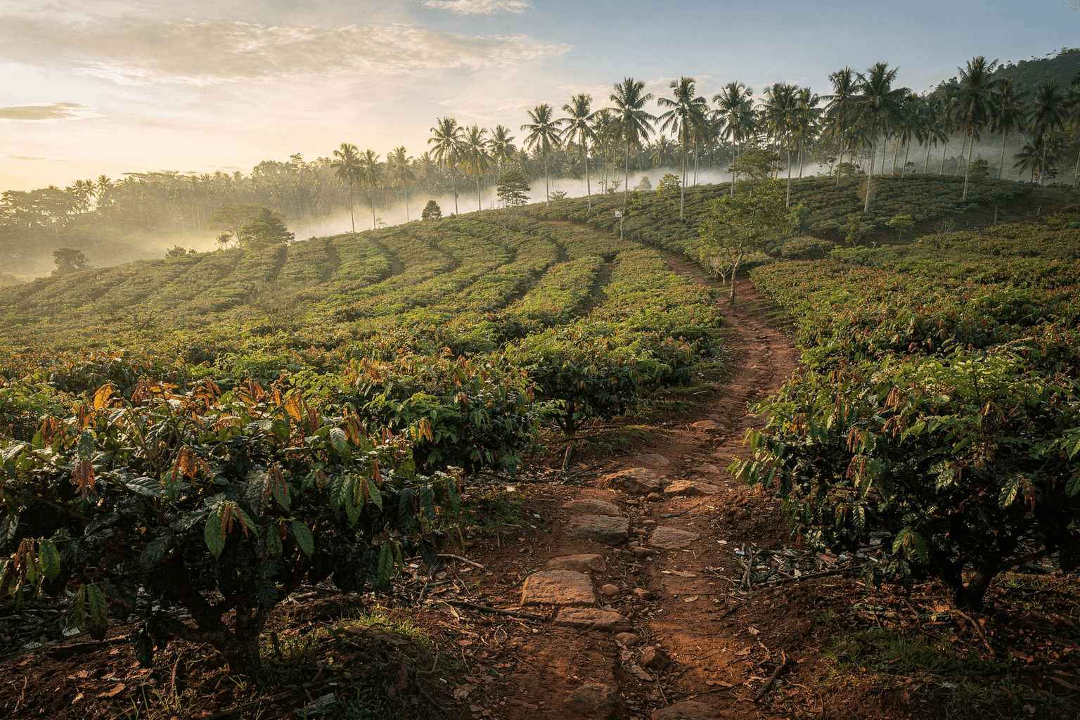 Misty Cinnamon plantation in Sri Lanka at dawn